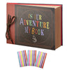 A handmade scrapbook album with a dark cover featuring the text Is Our Adventure My Book and a gold rope detail.