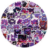A circular arrangement of various anime and cartoon character decals stickers featuring purple, black, and pink tones.