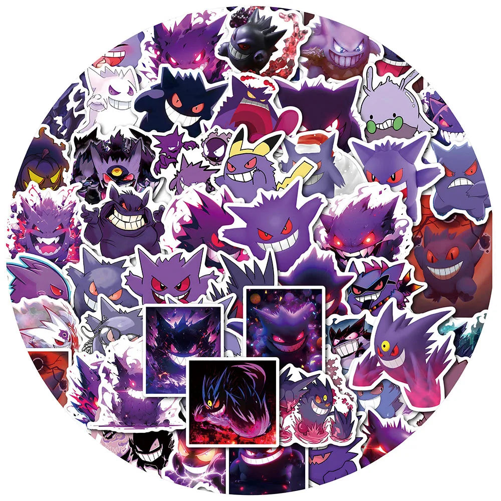 A circular arrangement of various anime and cartoon character decals stickers featuring purple, black, and pink tones.