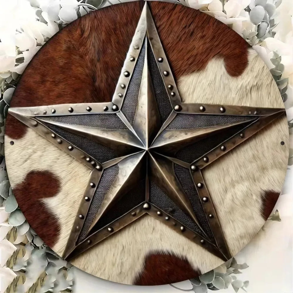 A vintage western cowboy star metal sign crafted from brown and white leather or hide.