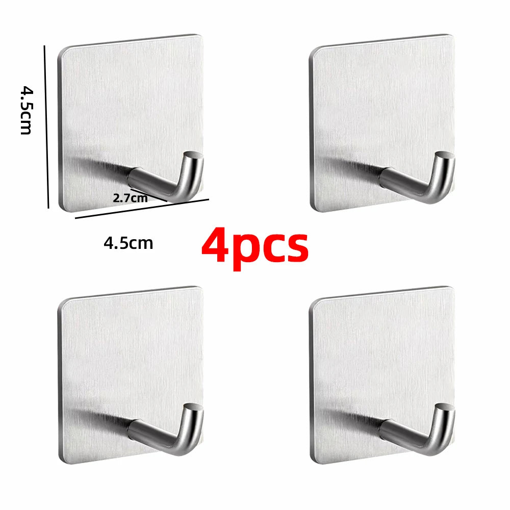 Four stainless steel self-adhesive wall hooks with a curved hook design shown in various angles.