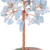 A crystal money tree decor featuring light blue translucent leaves on a wooden branch and a pink base.