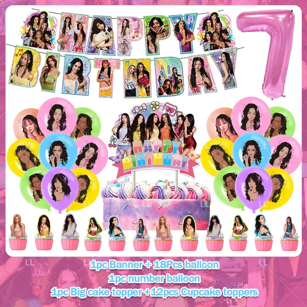 K-pop inspired birthday party decoration set featuring balloons, a backdrop, and cake toppers.