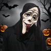 A horror mask resembling a hooded figure with a white face and a protruding red tongue against a dark background.