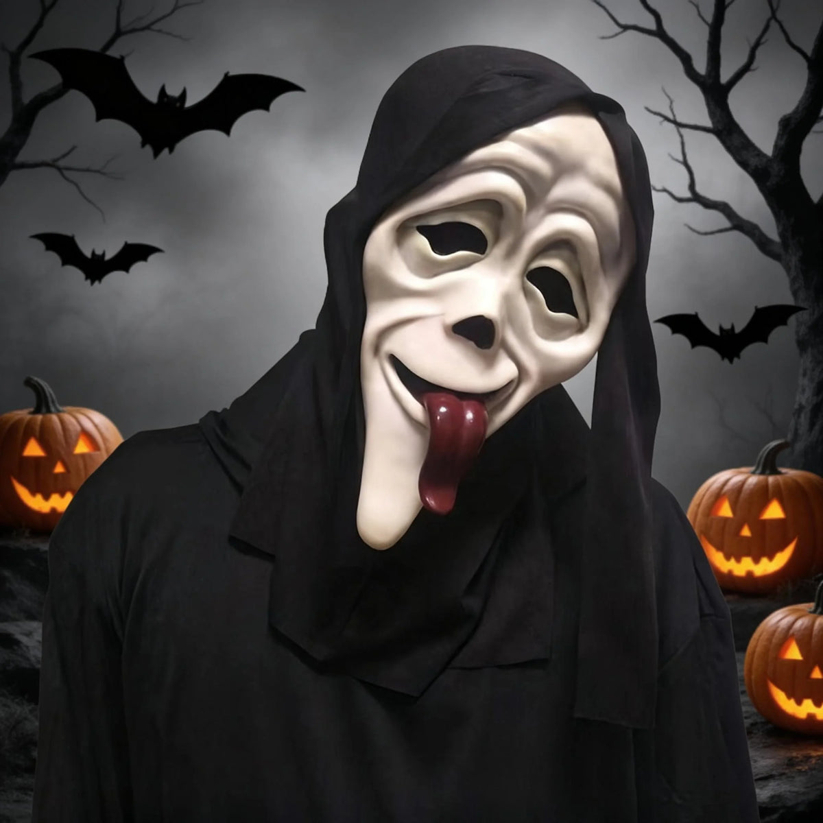 A horror mask resembling a hooded figure with a white face and a protruding red tongue against a dark background.