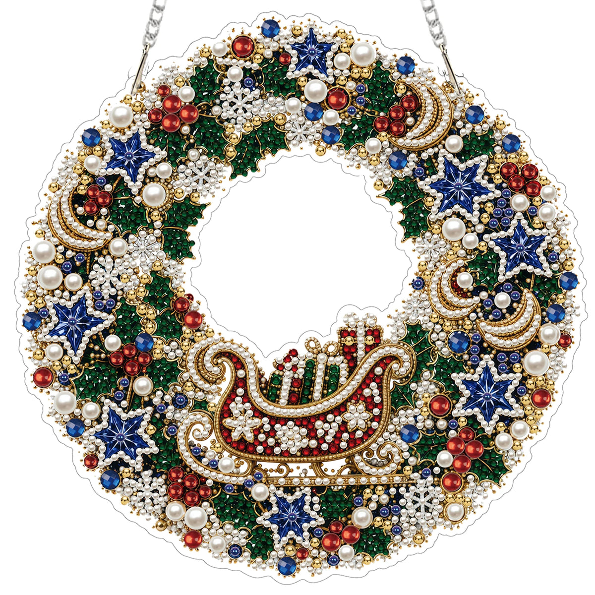 An LED-illuminated diamond painting wreath kit featuring a circular holiday wreath decorated with red, blue, and white elemen