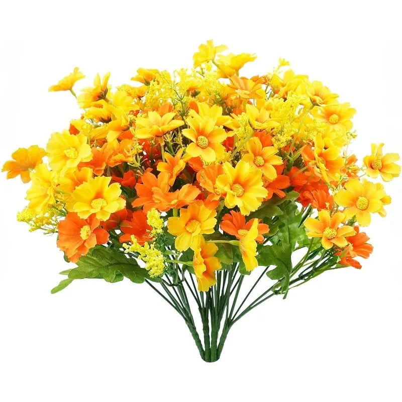 A bouquet of bright yellow and orange artificial daisy flowers for indoor and outdoor decoration.