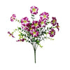 A bouquet of artificial silk flowers featuring vibrant pink and purple blossoms on green stems.