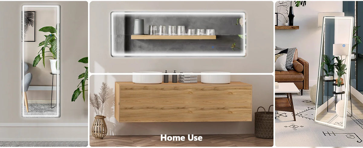 Espejo LED de cuerpo completo con marco de aluminio mostrado en un hogar moderno.