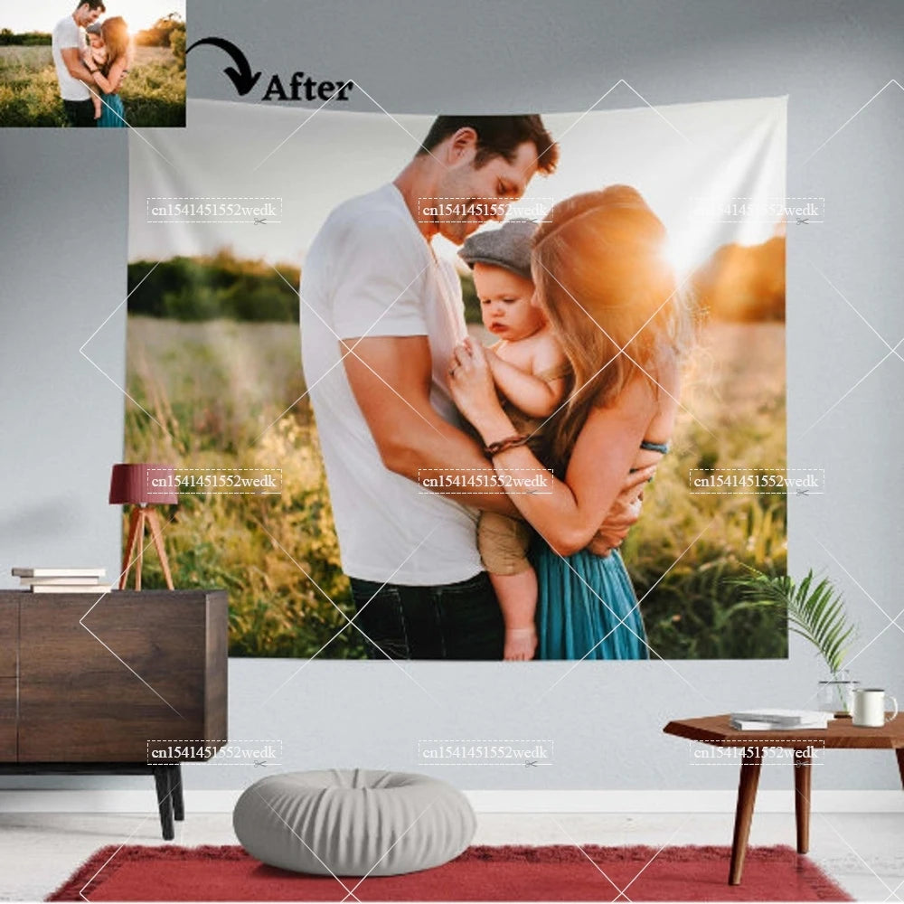 A framed photo tapestry showing a couple embracing, with an 'After' overlay and a wooden cabinet in the foreground.