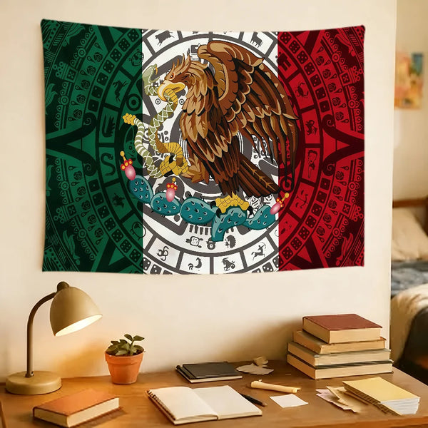 A decorative banner featuring a stylized eagle design in the colors of the Mexican flag.