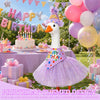 A white duck costume with a purple tutu and a sparkly hat standing in a grassy outdoor setting.