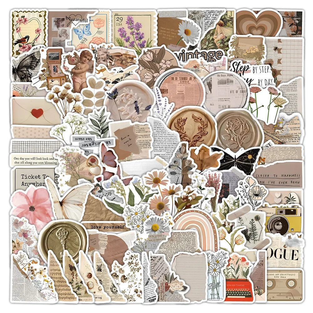 A collage of vintage-style stickers and paper elements featuring floral designs, sepia tones, and handwritten text for decor.