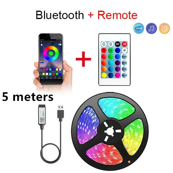 مجموعة جهاز تحكم بلوتوث ذكي وأضواء LED تشمل هاتفاً، وجهاز تحكم، وشريط ضوئي دائري.