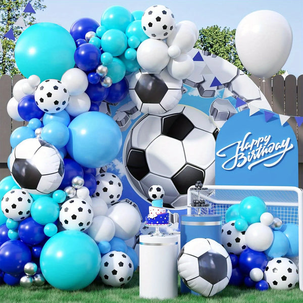 A balloon garland featuring black and white soccer balls in blue, white, and black colors.
