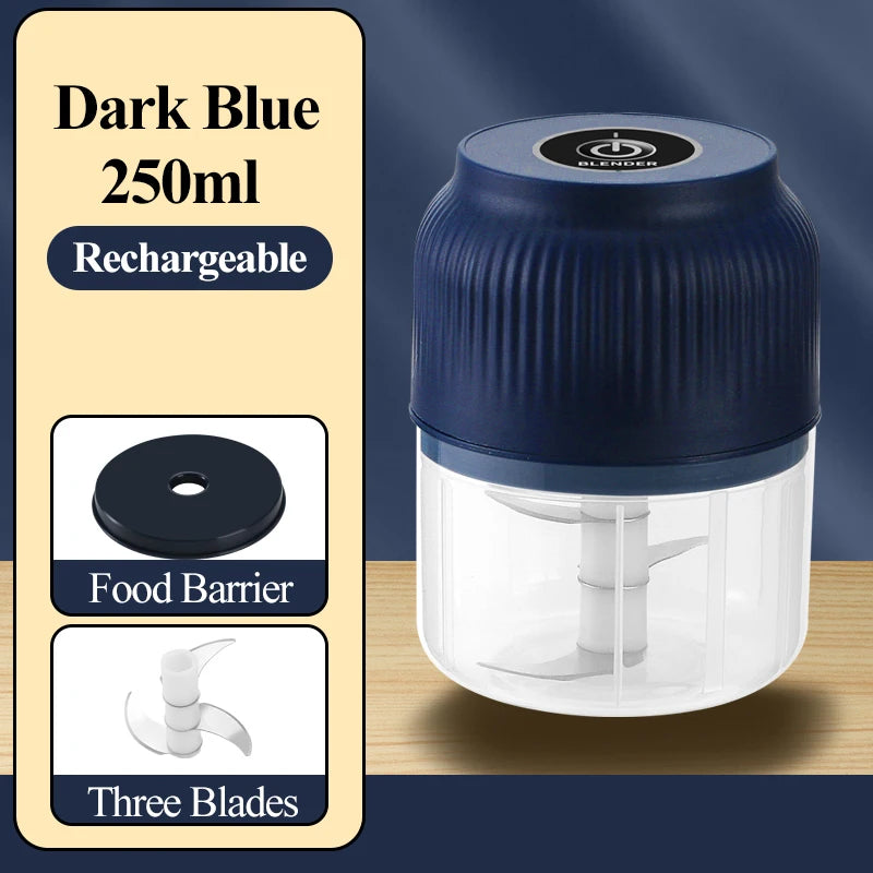 A dark blue rechargeable blender jar with a clear lid and three blades for food processing.