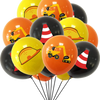 A bunch of latex balloons featuring construction tractor and excavator designs in yellow, orange, and black.