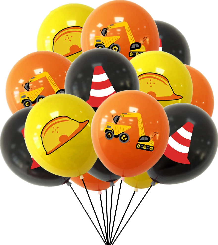 A bunch of latex balloons featuring construction tractor and excavator designs in yellow, orange, and black.