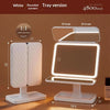 White tray version of a tri-fold LED makeup mirror with dimmable lighting shown in a studio setting.