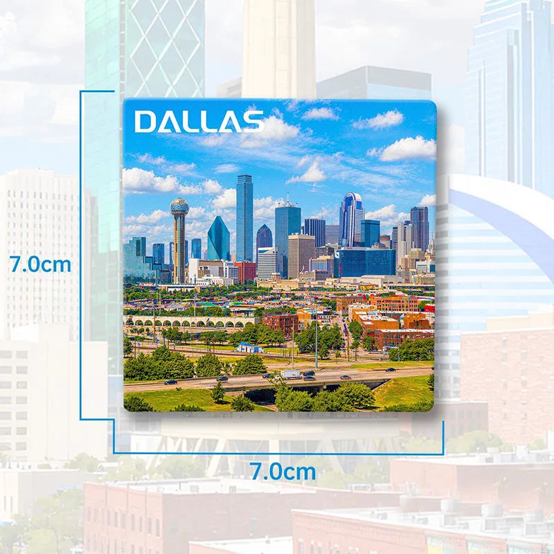 A photograph of the Dallas skyline featuring the Tower, set against a blue sky and clouds.