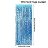 A vertical curtain made of iridescent blue foil fringe with a shimmering texture.