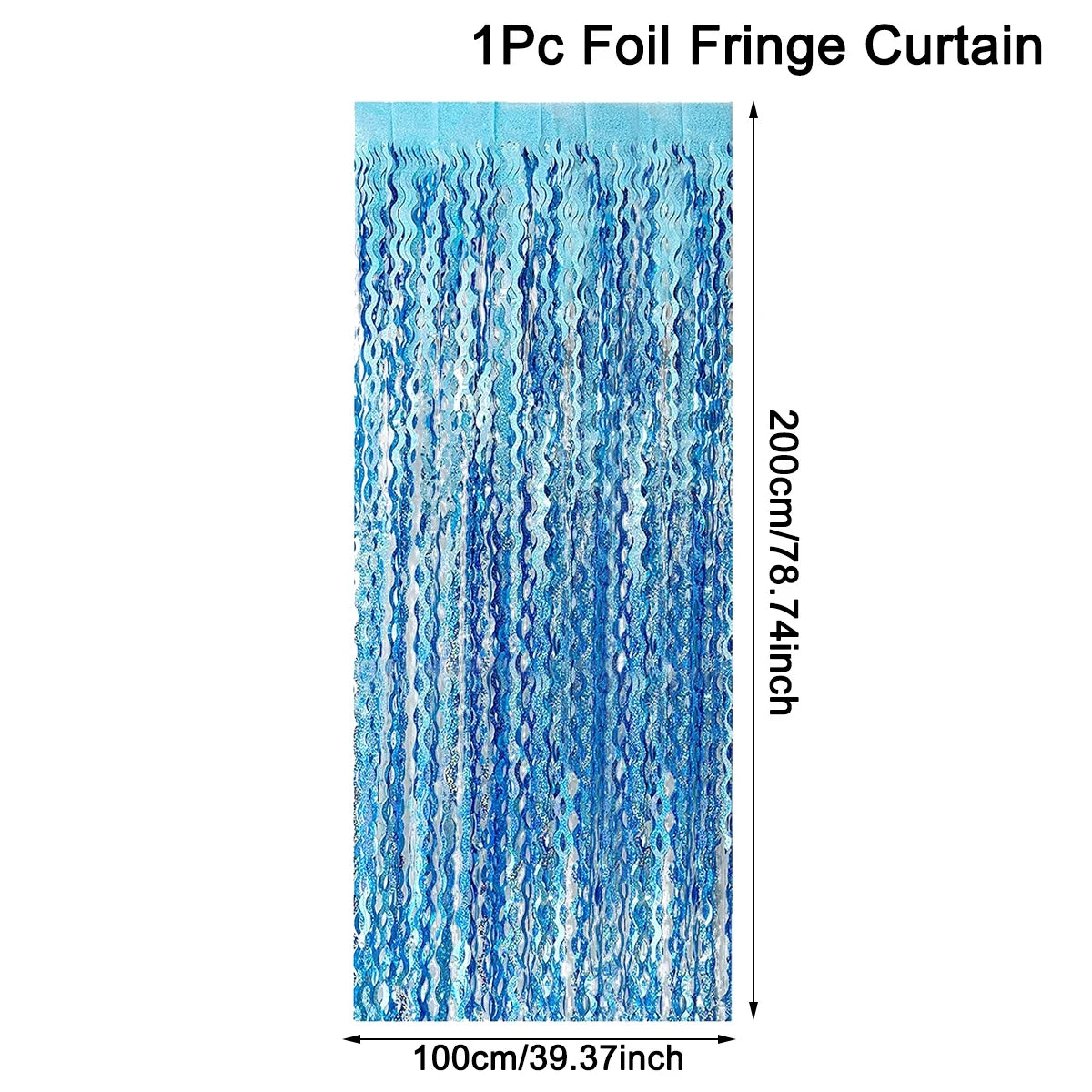 A vertical curtain made of iridescent blue foil fringe with a shimmering texture.