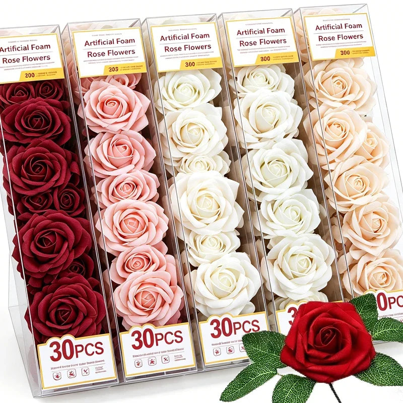 A collection of artificial foam rose flower heads in various shades of pink and white roses.