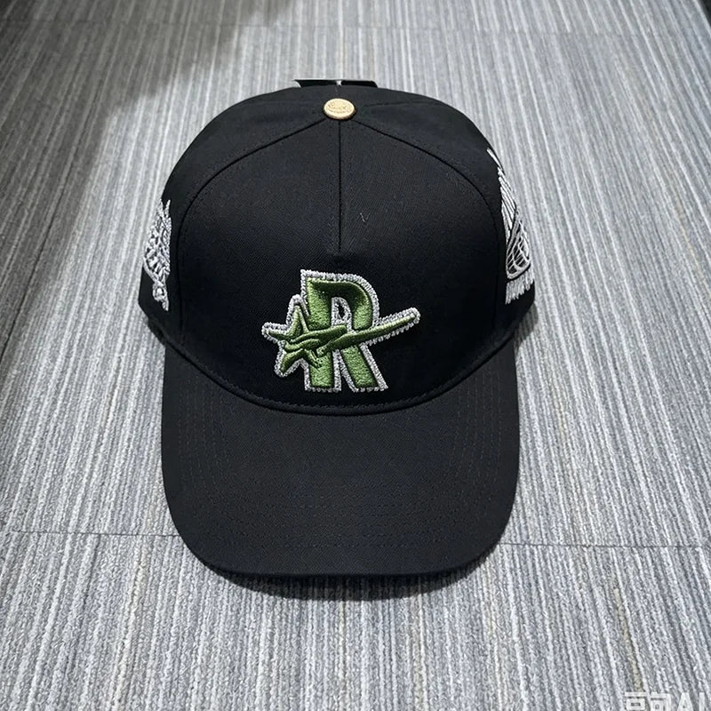 Black embroidered star hip-hop baseball cap with silver and white detailing