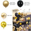 A collection of black and gold balloons, including latex balloons and a balloon chain, displayed in various sizes.