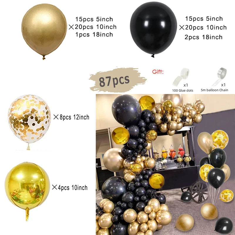 A collection of black and gold balloons, including latex balloons and a balloon chain, displayed in various sizes.