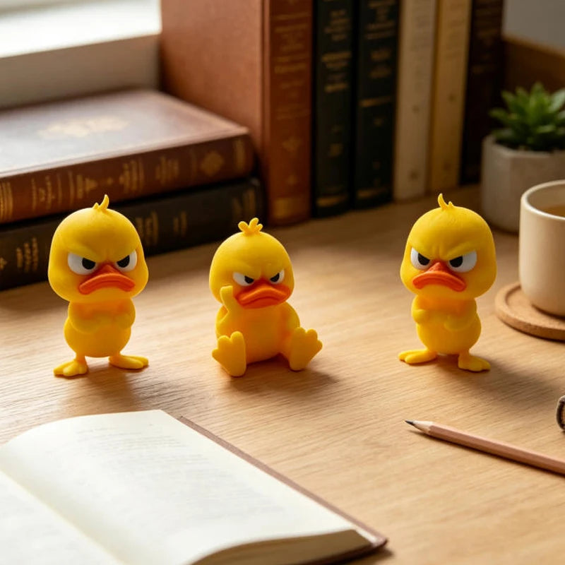 Three yellow 3D printed angry duck statues sitting on a wooden desk next to an open notebook.
