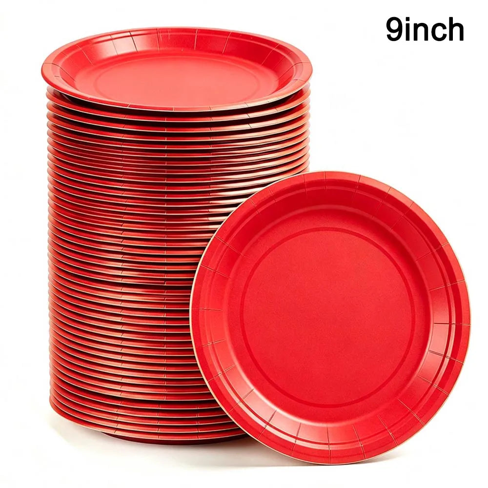 A stack of red disposable paper plates with one plate displayed separately.
