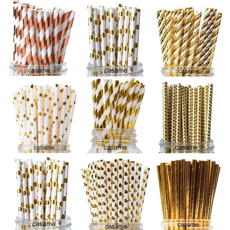 A collection of colorful striped and polka dot paper drinking straws in various patterns and colors.