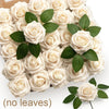 A box filled with realistic cream colored foam rose flower heads with green leaves.