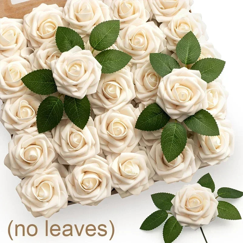 A box filled with realistic cream colored foam rose flower heads with green leaves.