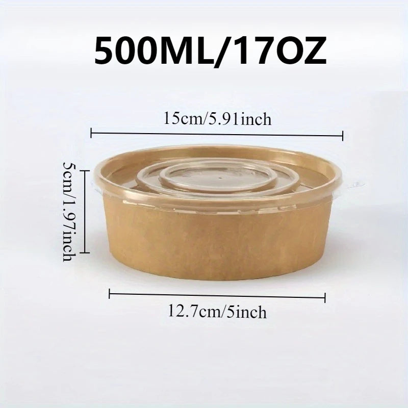 A disposable kraft paper lunch bowl with a clear lid shown from above.
