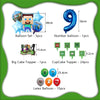 A collection of birthday party decorations including balloons, a number balloon, cake toppers, and latex balloons.