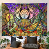 Bohemian mandala tapestry wall hanging featuring vibrant purple, green, and yellow patterns.