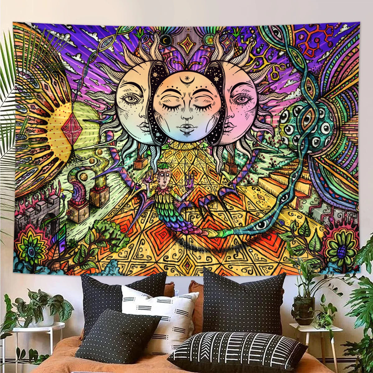 Bohemian mandala tapestry wall hanging featuring vibrant purple, green, and yellow patterns.