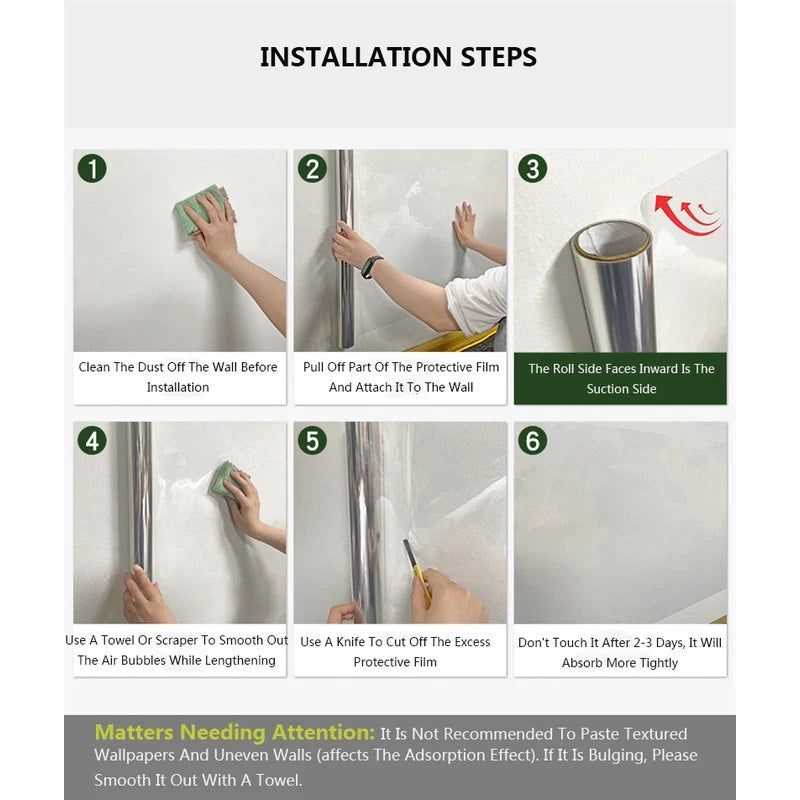 Installation steps for a clear oil-proof self-adhesive wall protector film showing how to apply it to a wall.