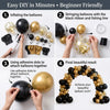 DIY kit showing steps for making a black and gold balloon garland arch using balloons, ribbon, and fishing line