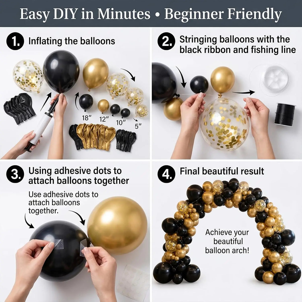 DIY kit showing steps for making a black and gold balloon garland arch using balloons, ribbon, and fishing line