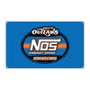 A blue banner flag featuring the logo for Outlaws NOS Energy Drink and Sprint Cars.
