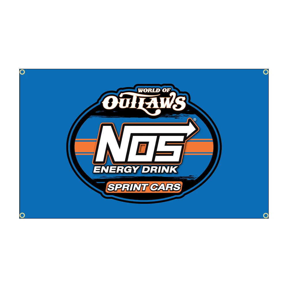 A blue banner flag featuring the logo for Outlaws NOS Energy Drink and Sprint Cars.