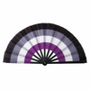 A folding hand fan with a black and purple color gradient design.