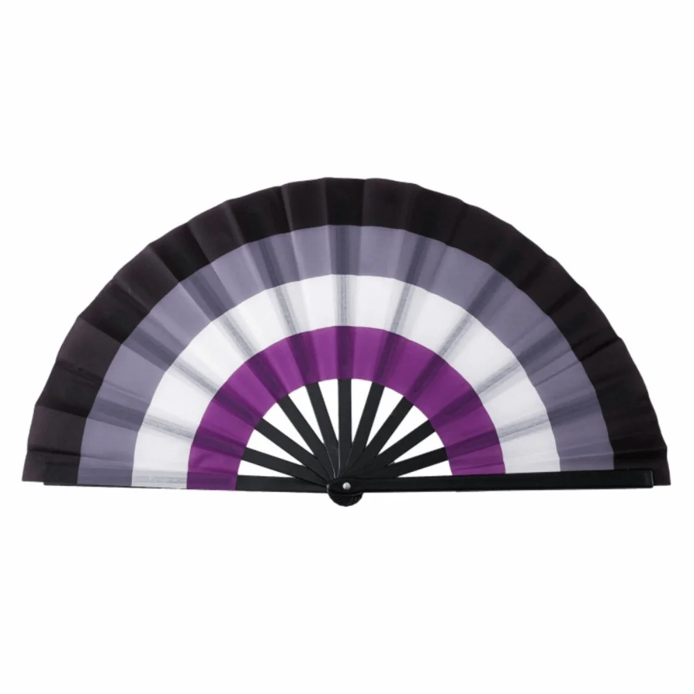 A folding hand fan with a black and purple color gradient design.