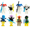 A collection of golden ninja building block figures featuring various characters and weapons.