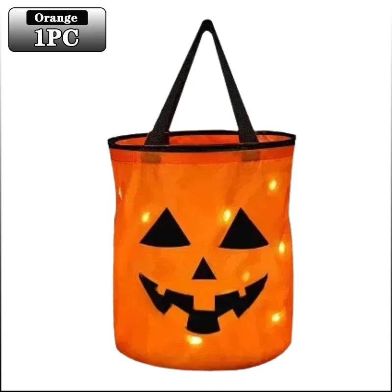 Orange Halloween pumpkin tote bag with a carved face design and LED light-up handle