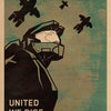 A vintage UNSC poster featuring a Spartan helmet and flying craft against a starry background with the text UNITED WE RISE.