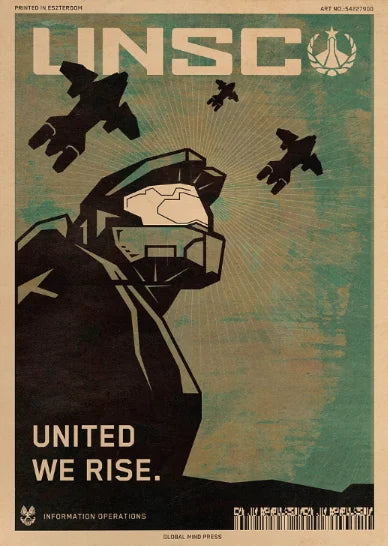 A vintage UNSC poster featuring a Spartan helmet and flying craft against a starry background with the text UNITED WE RISE.